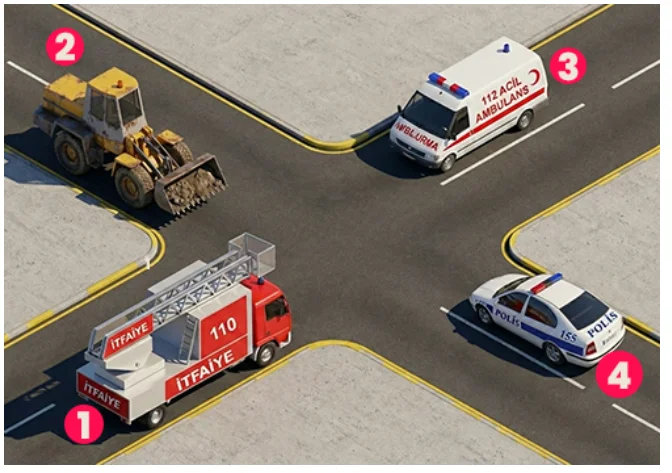 Şekildeki araçların görev hâli durumunda geçiş üstünlüğü sıralaması nasıl olmalıdır? — soru görseli
