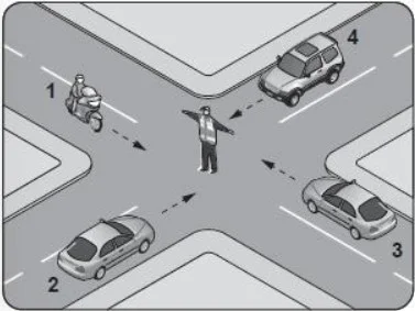 Şekildeki trafik görevlisinin işaretine göre 2 numaralı aracın sürücüsü ne yapmalıdır? — soru görseli