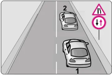 Şekildeki trafik işaretlerine göre 1 numaralı araç sürücü nasıl davranmalıdır? — soru görseli