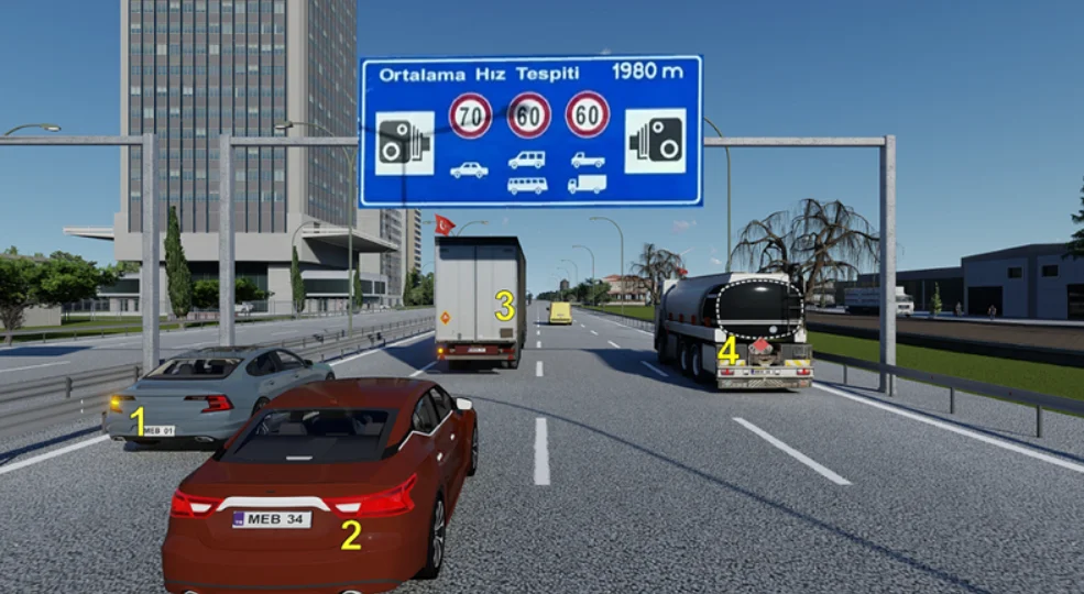 Görseldeki yolda, numaralanmış araçlardan hangileri en fazla 70 km/saat hızla yollarına devam edebilir? — soru görseli